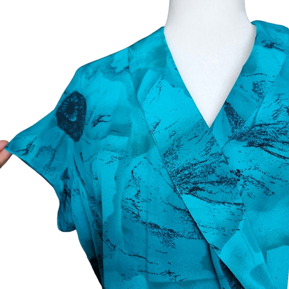 Equipage floral blue-green & black silk midi dress faux wrap drop sleeve size 12 - Picture 8 of 14